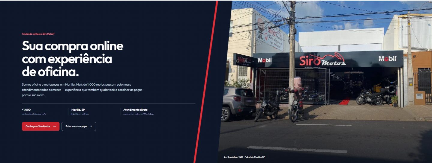 Página inicial da loja virtual Siro Motos, com a identidade visual da loja e uma foto de sua fachada.